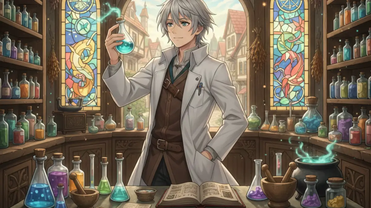 異世界薬局2期をイメージした白衣姿の主人公ファルマと幻想的な薬局内部のイラスト